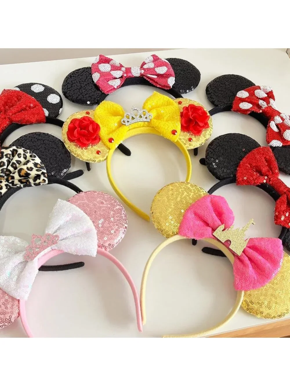 Women Red Bow 1 Sequin Polyester Shiny Bows Mickey Mouse Headband